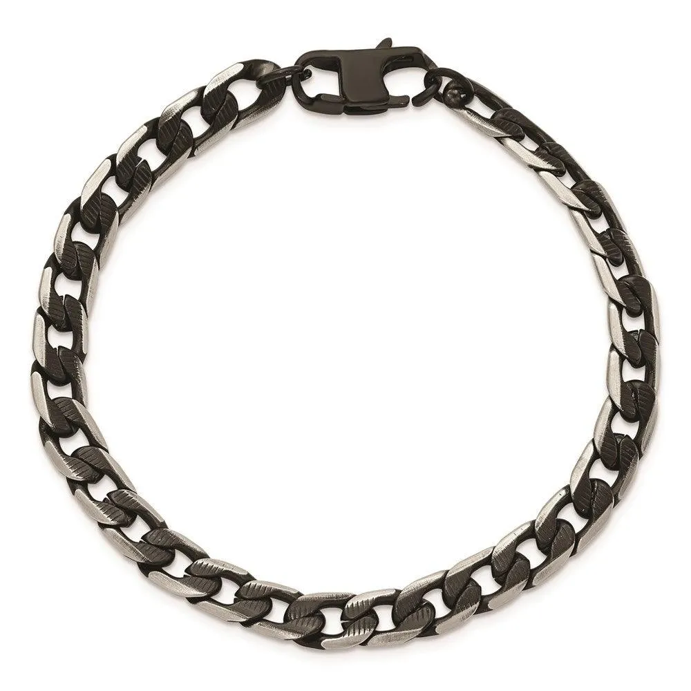 Stainless Steel Brushed & Textured Black IP-plated Curb Chain 8in Bracelet