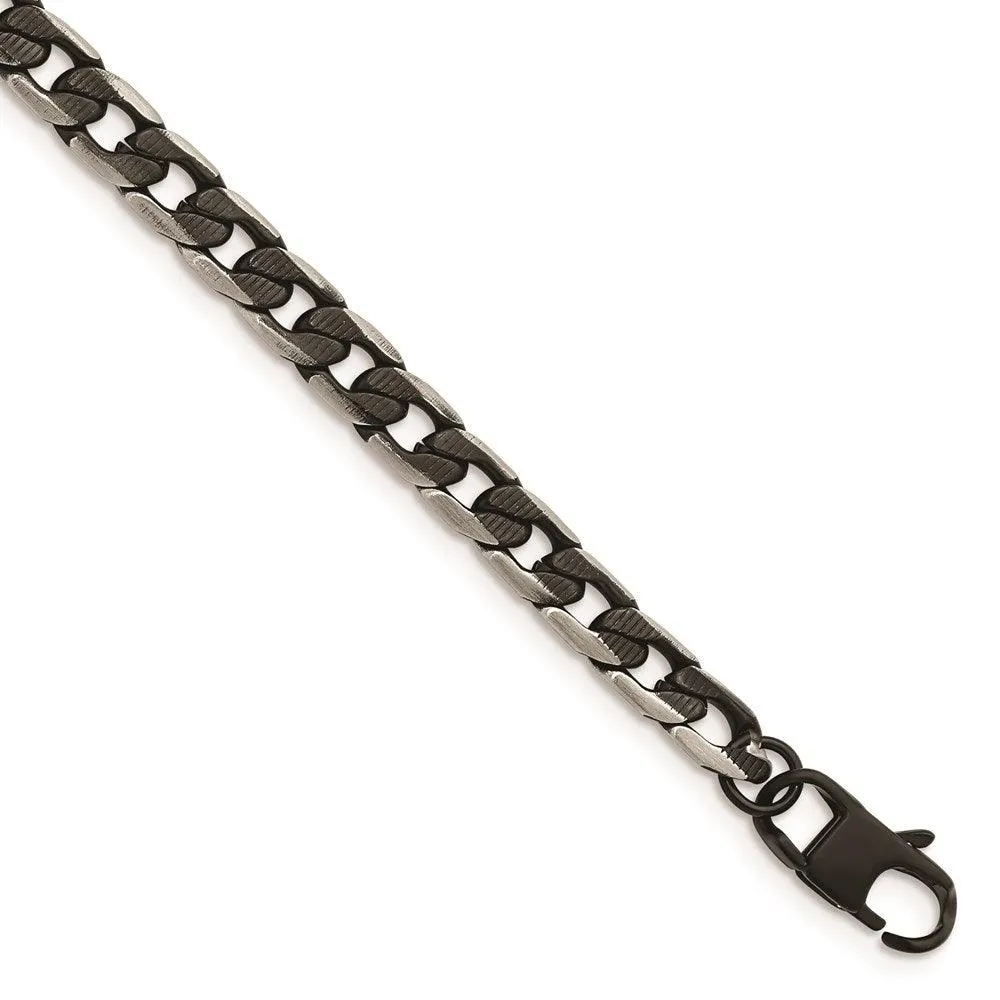 Stainless Steel Brushed & Textured Black IP-plated Curb Chain 8in Bracelet 