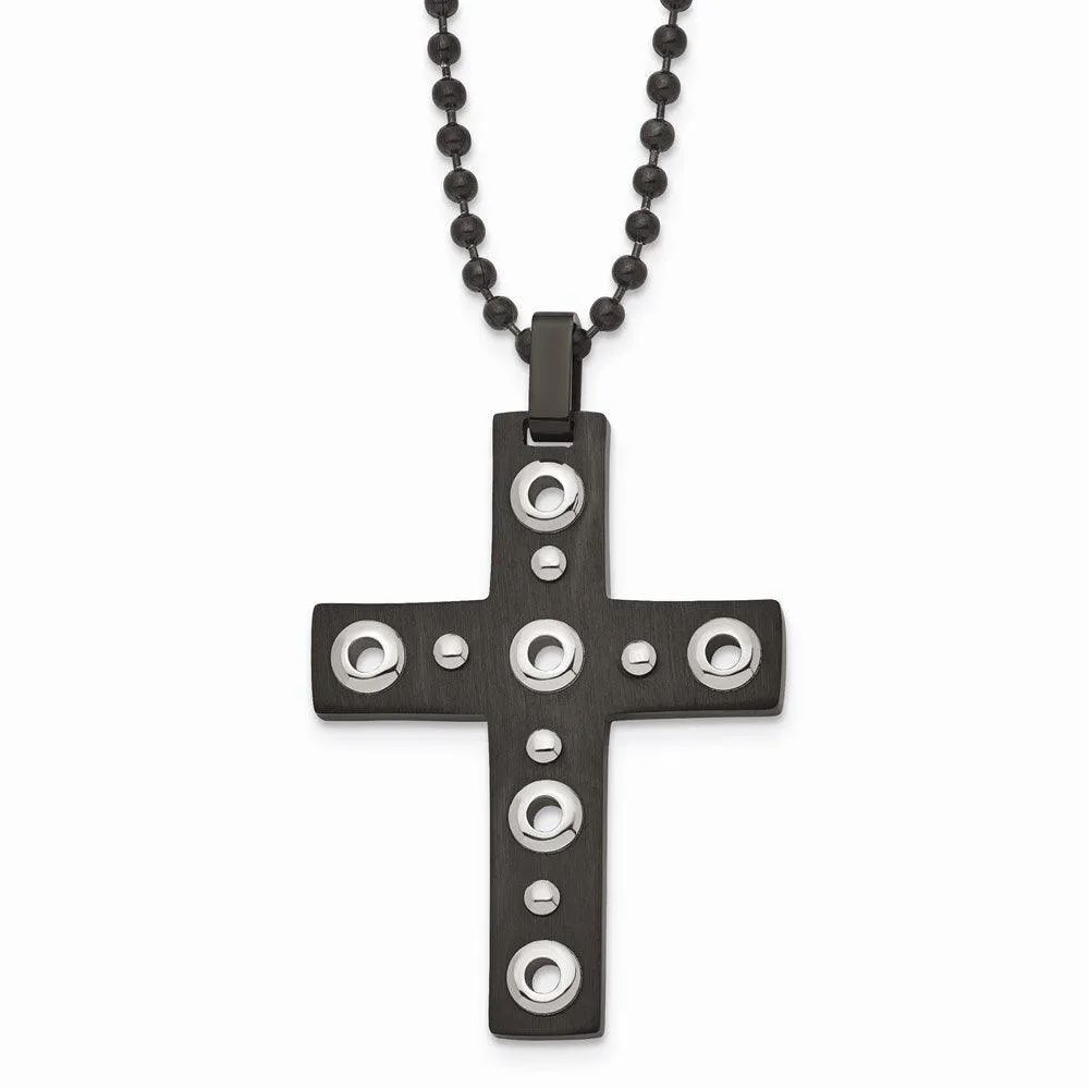 Stainless Steel Brushed and Polished Black IP-plated Cross Necklace 