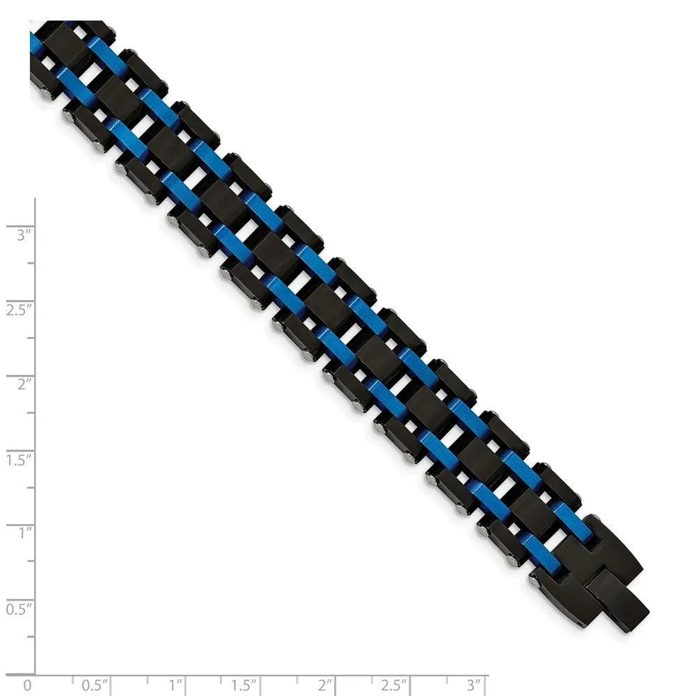 Stainless Steel Brushed and Polished Black/Blue IP-plated 8.5in Bracelet