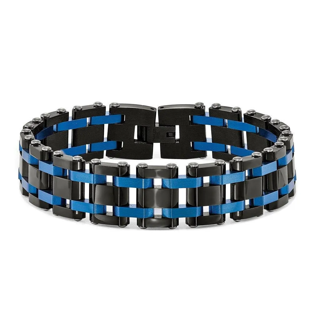 Stainless Steel Brushed and Polished Black/Blue IP-plated 8.5in Bracelet