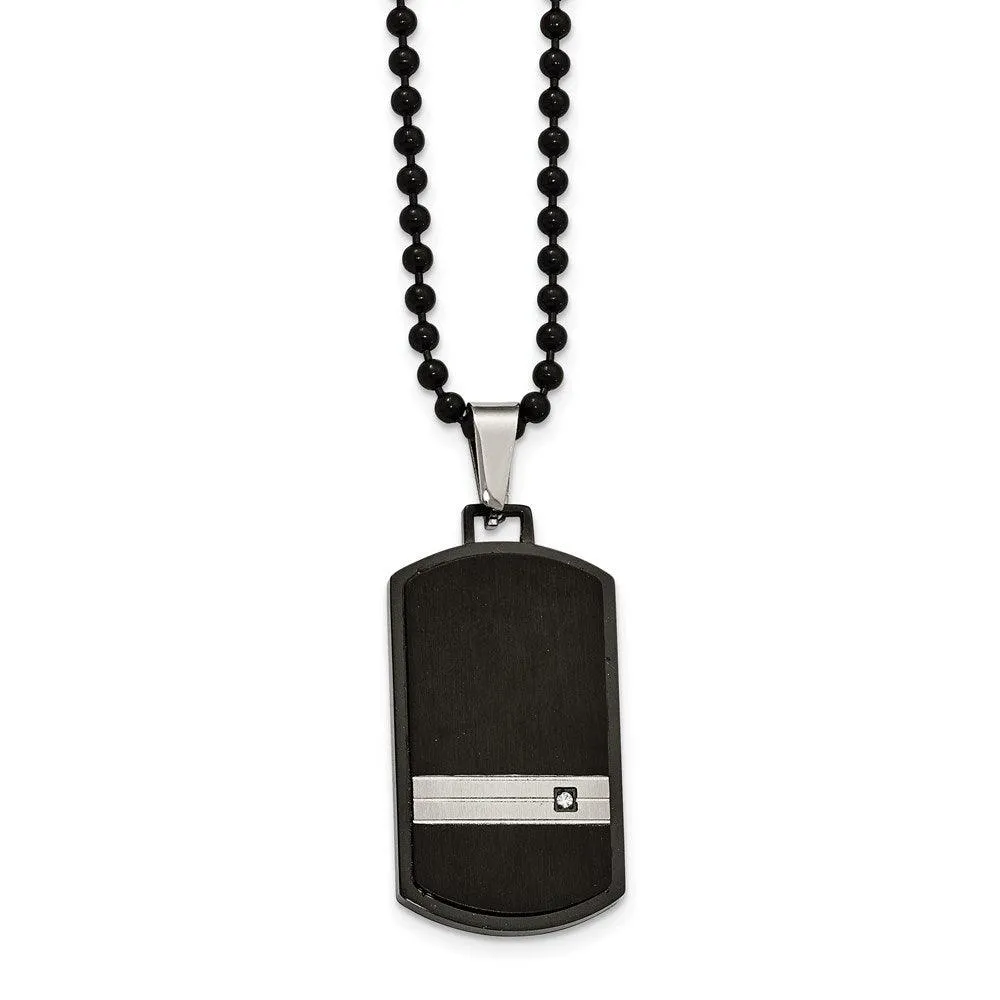 Stainless Steel Brushed and Polished Blk IP CZ Dogtag Necklace 