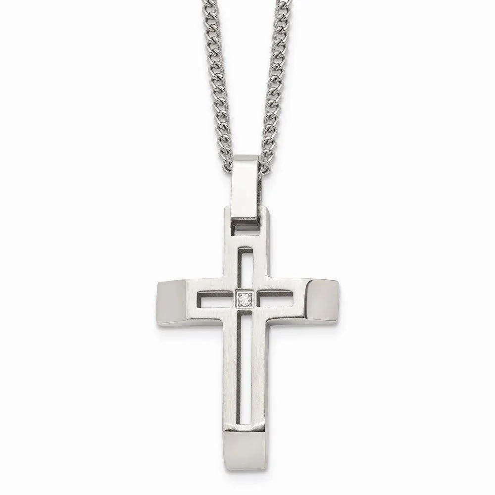 Stainless Steel Brushed and Polished Cross with CZ Necklace 