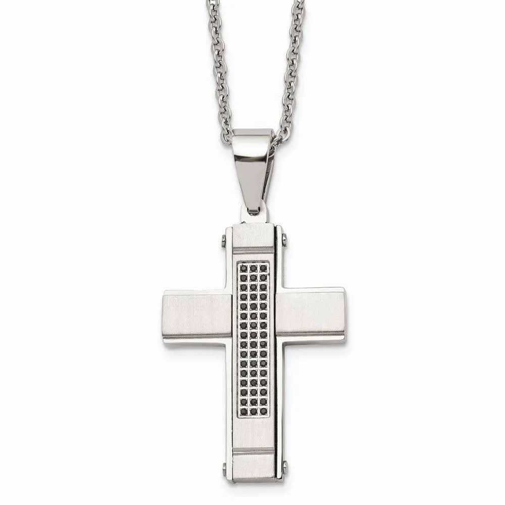 Stainless Steel Brushed and Polished w/ Black CZ Cross Necklace 