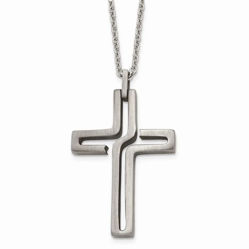 Stainless Steel Brushed Antiqued Cross Necklace 