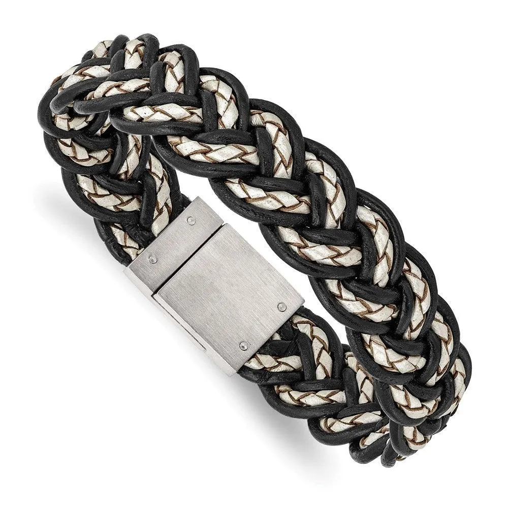 Stainless Steel Brushed Black and Cream Woven Leather Bracelet 