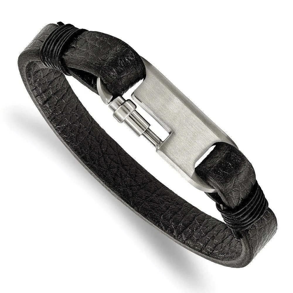 Stainless Steel Brushed Black Genuine Leather 8in Bracelet 