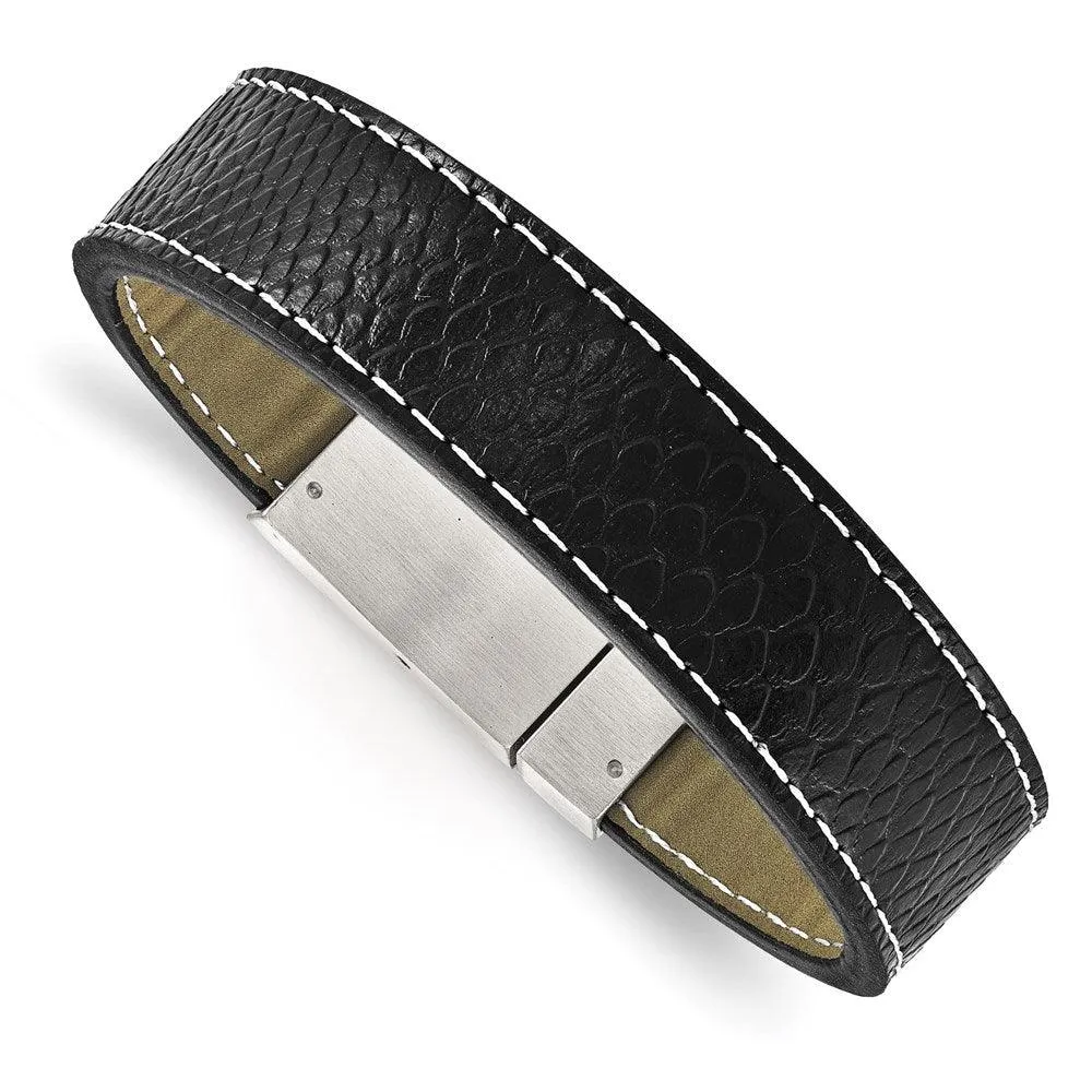 Stainless Steel Brushed Black Leather Bracelet 