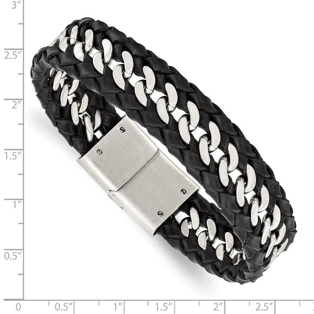 Stainless Steel Brushed Black Leather Bracelet
