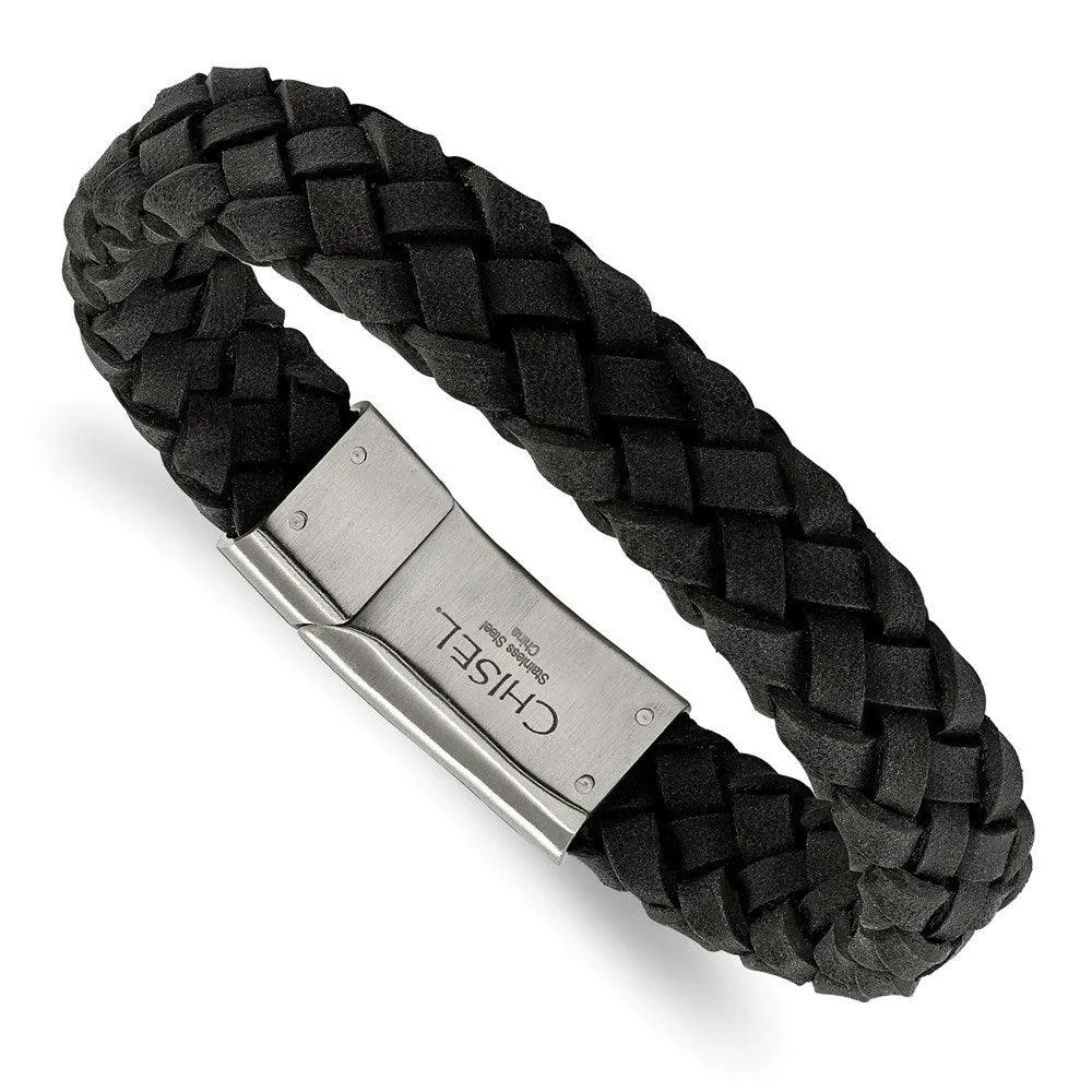 Stainless Steel Brushed Black Leather Bracelet 