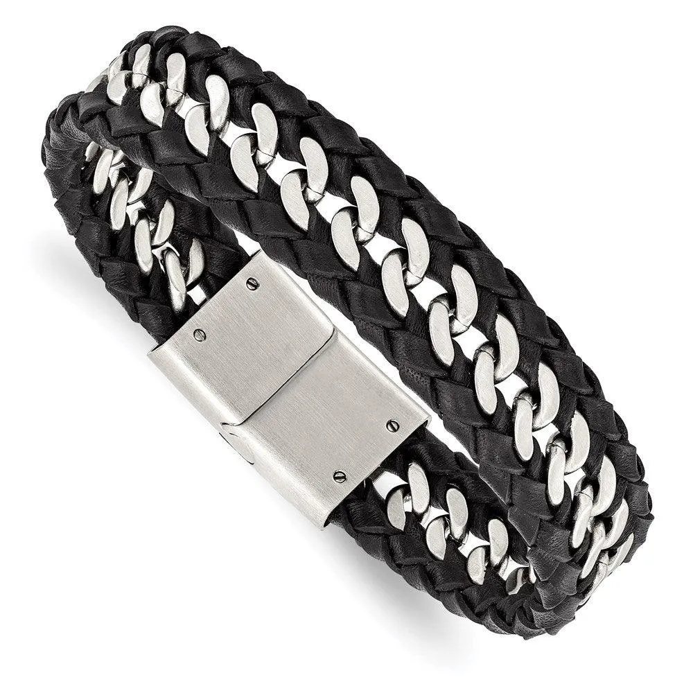 Stainless Steel Brushed Black Leather Bracelet 