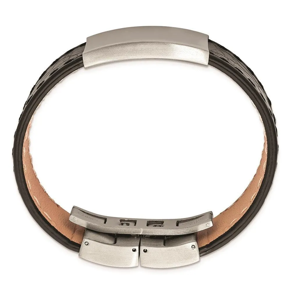 Stainless Steel Brushed Black Leather ID Bracelet