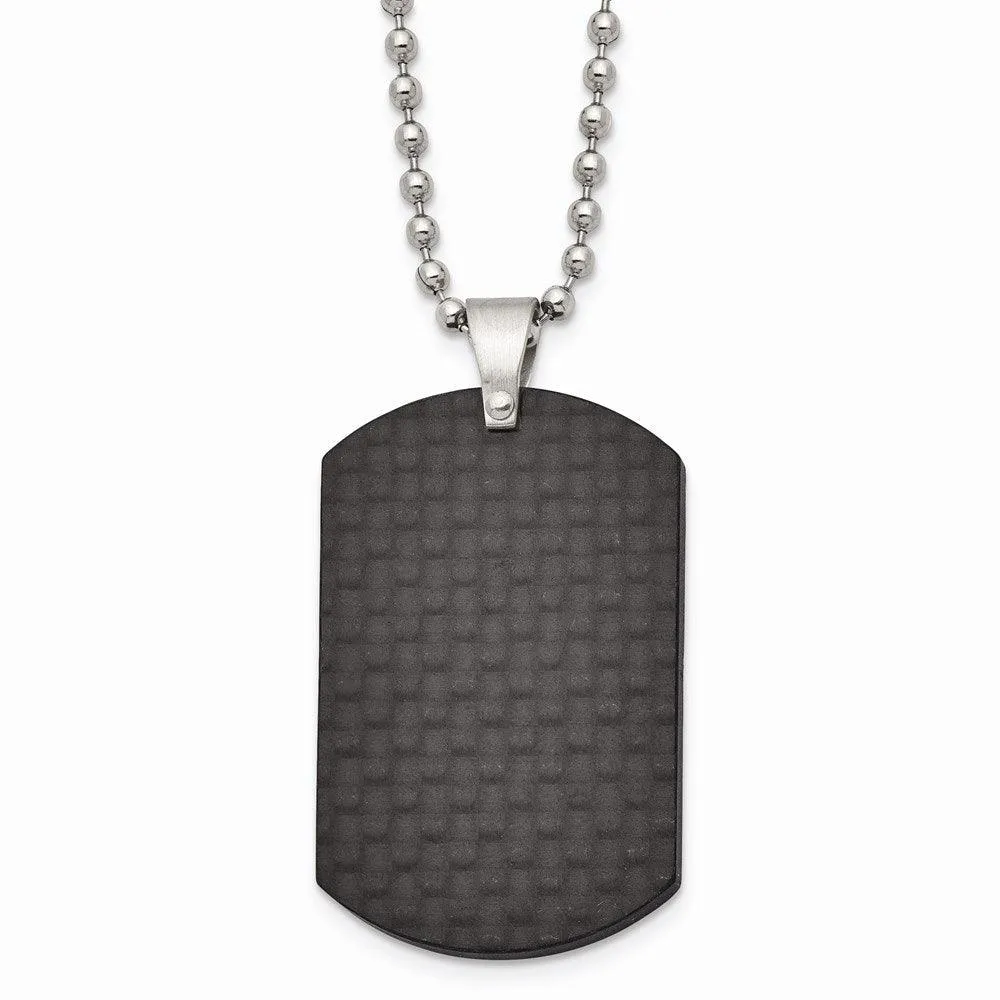 Stainless Steel Brushed Black Solid Carbon Fiber Dog Tag Necklace 