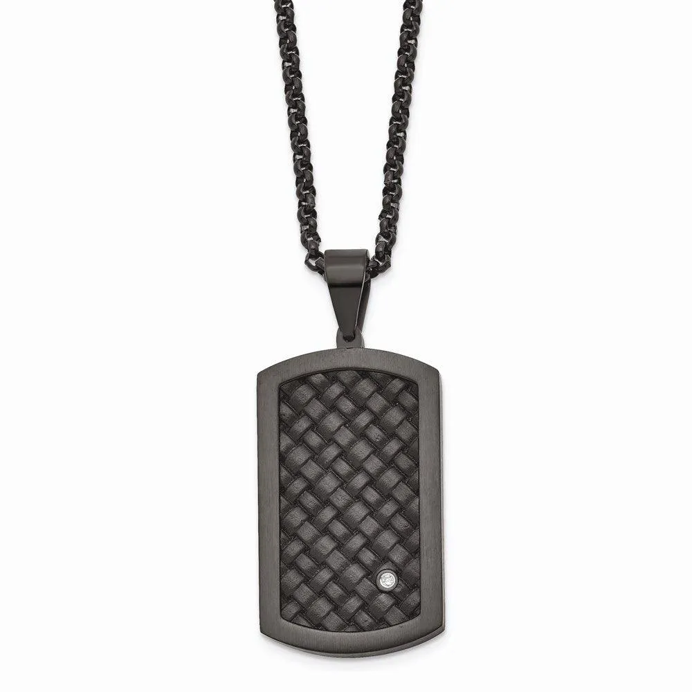 Stainless Steel Brushed Blk Leather Blk IP CZ Dogtag Necklace 