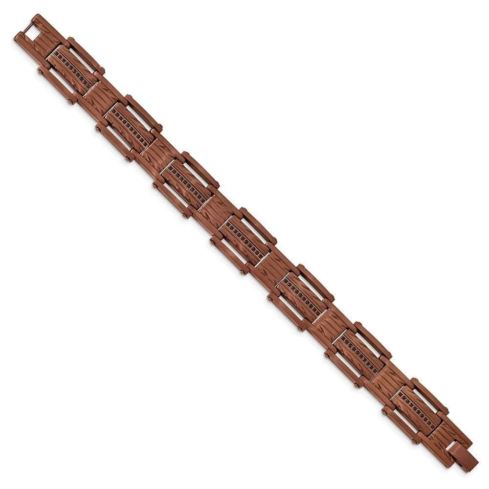 Stainless Steel Brushed Brown IP w/ Black CZ Textured Bracelet
