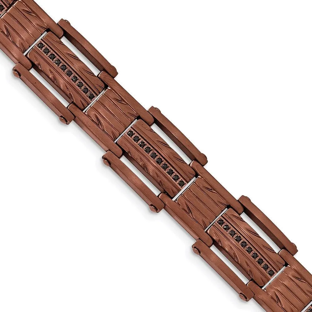 Stainless Steel Brushed Brown IP w/ Black CZ Textured Bracelet 