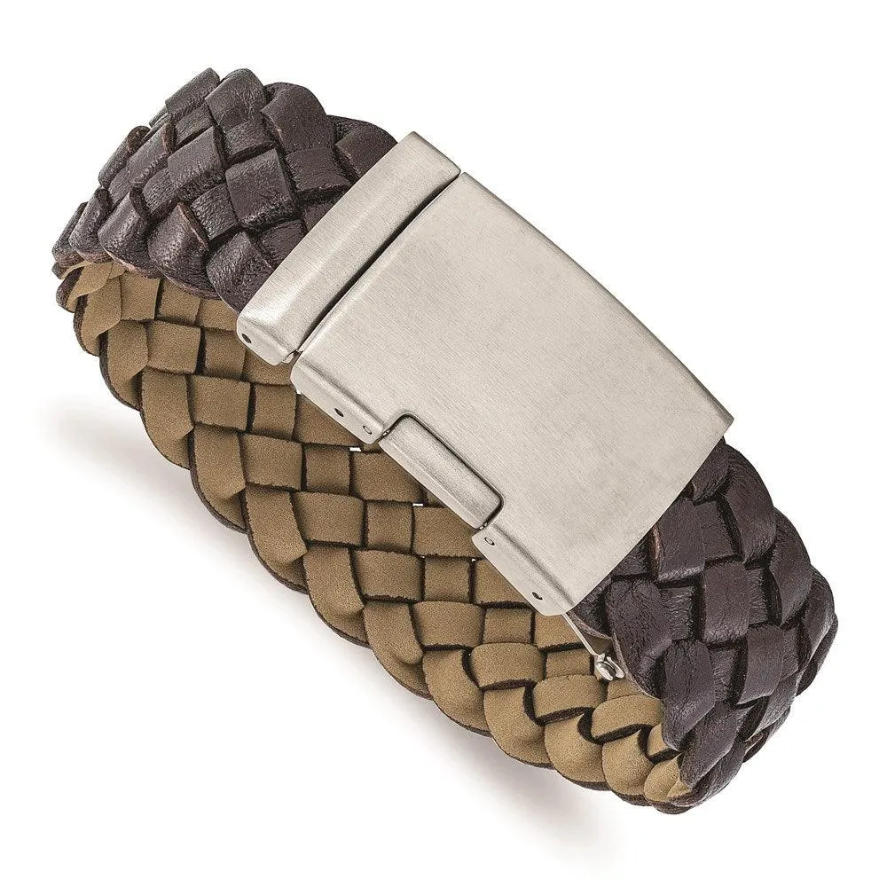 Stainless Steel Brushed Brown Leather Bracelet 