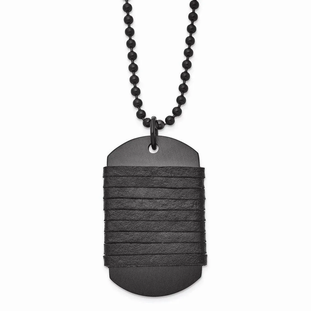 Stainless Steel Brushed Dog Tag Wrapped Leather Necklace 
