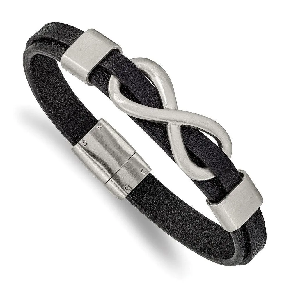 Stainless Steel Brushed Infinity Symbol Black Leather 8in Bracelet 