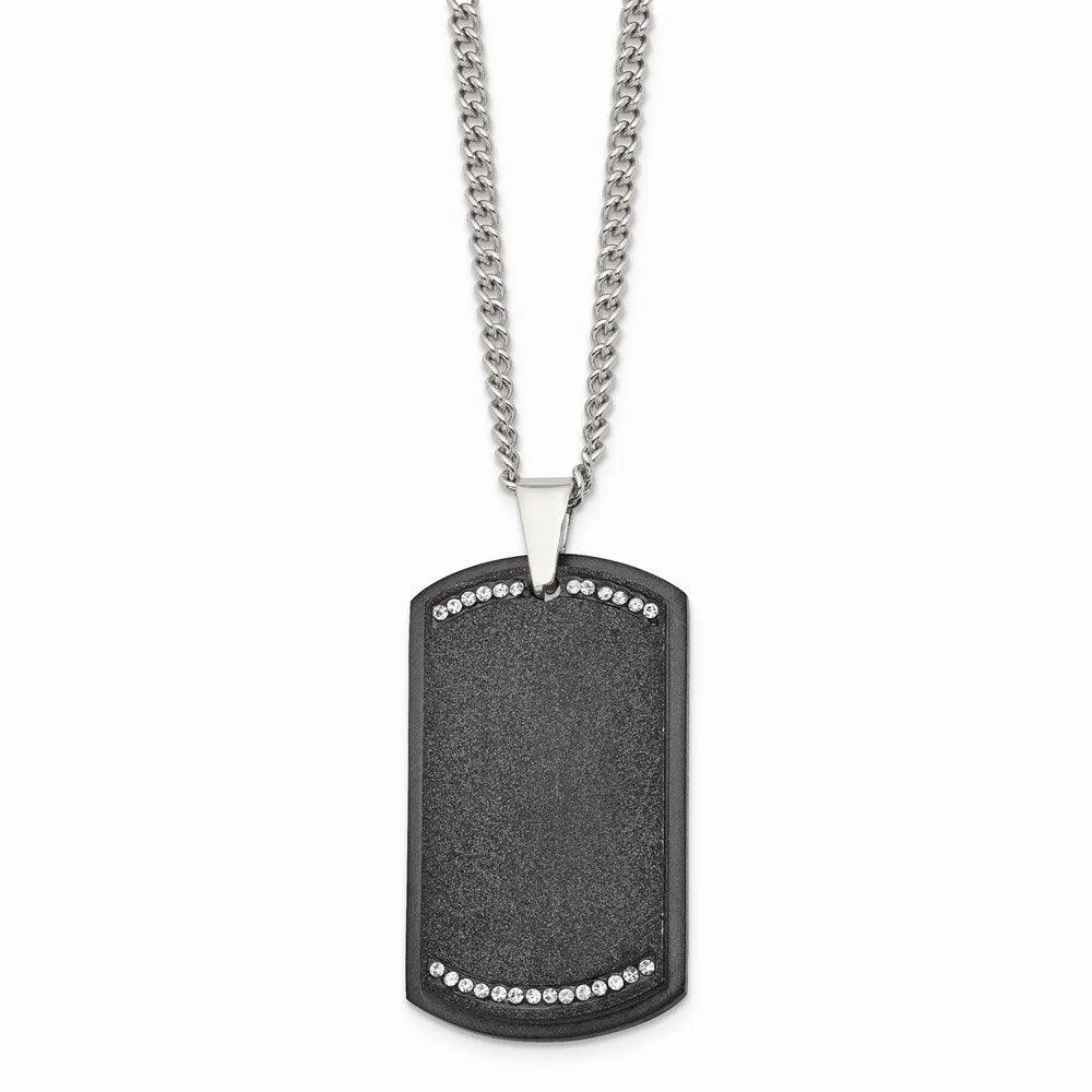 Stainless Steel Brushed LaserCut Black IP Plated CZ Dogtag Necklace 