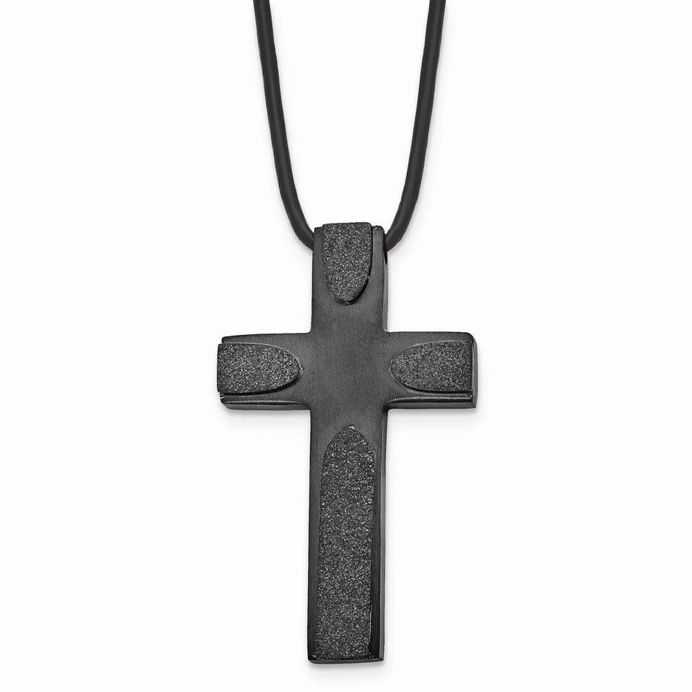 Stainless Steel Brushed LaserCut Blk IP Cross w/Leather Cord Necklace 