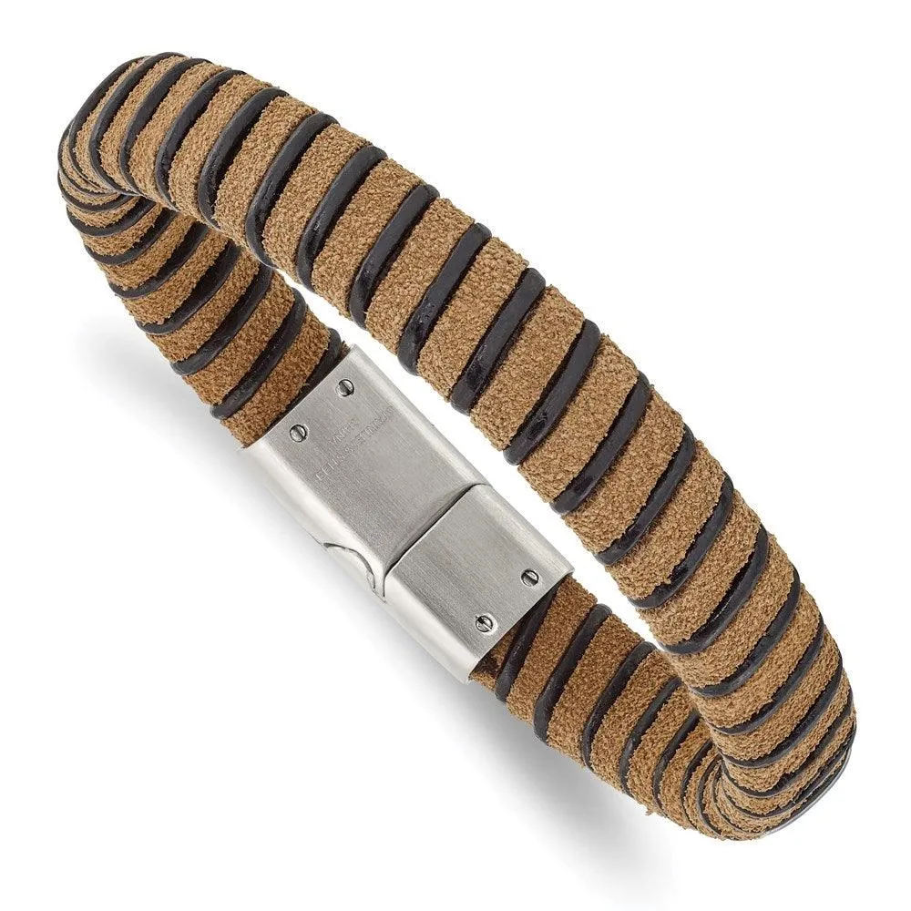 Stainless Steel Brushed Light Brown Suede Black Leather Bracelet 