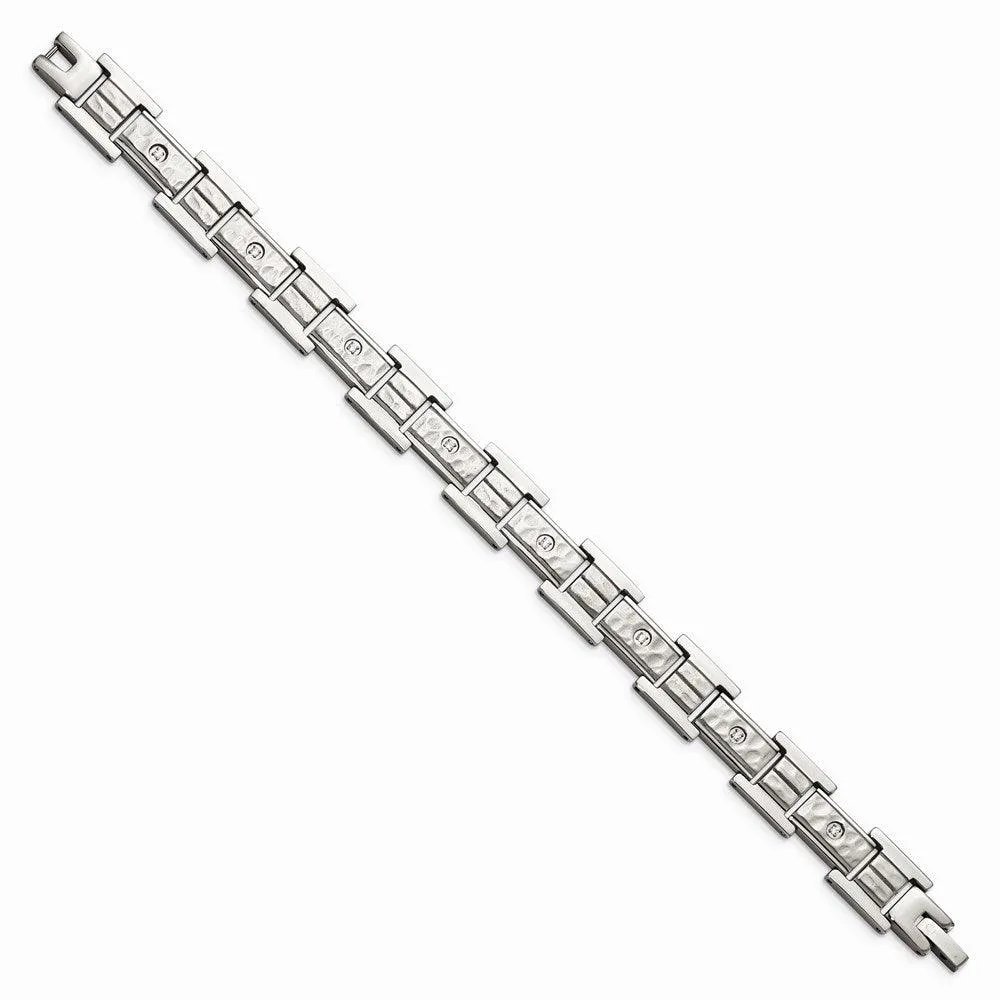 Stainless Steel Brushed Polished and Hammered w/CZ 8.5 in Bracelet