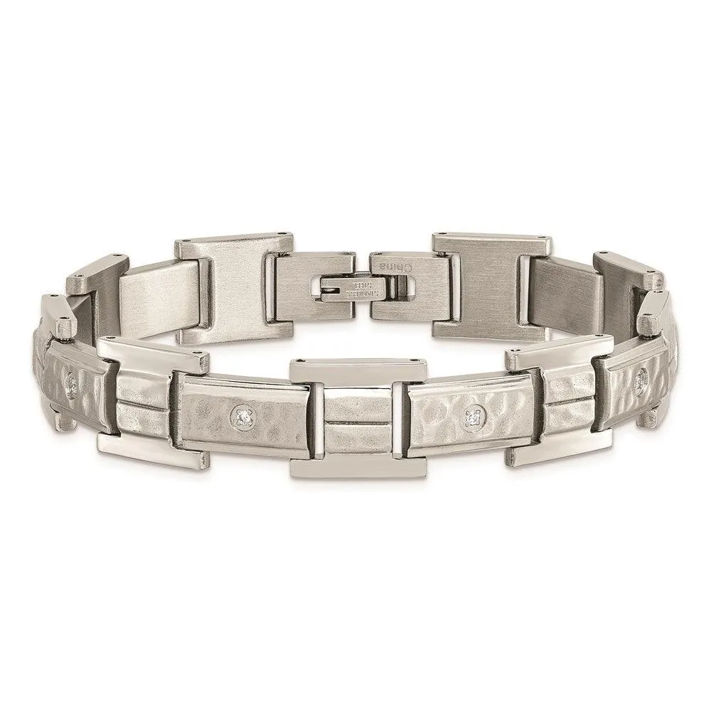 Stainless Steel Brushed Polished and Hammered w/CZ 8.5 in Bracelet
