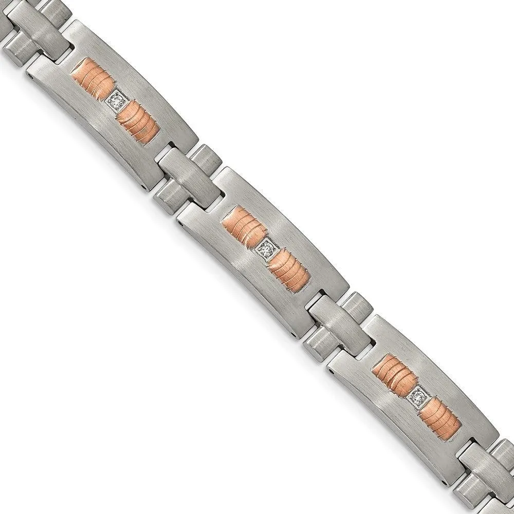 Stainless Steel Brushed Rose IP-plated w/ CZ 8.5in. Bracelet 