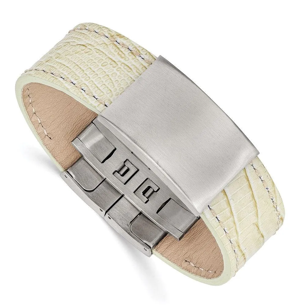 Stainless Steel Brushed White Leather ID Bracelet 