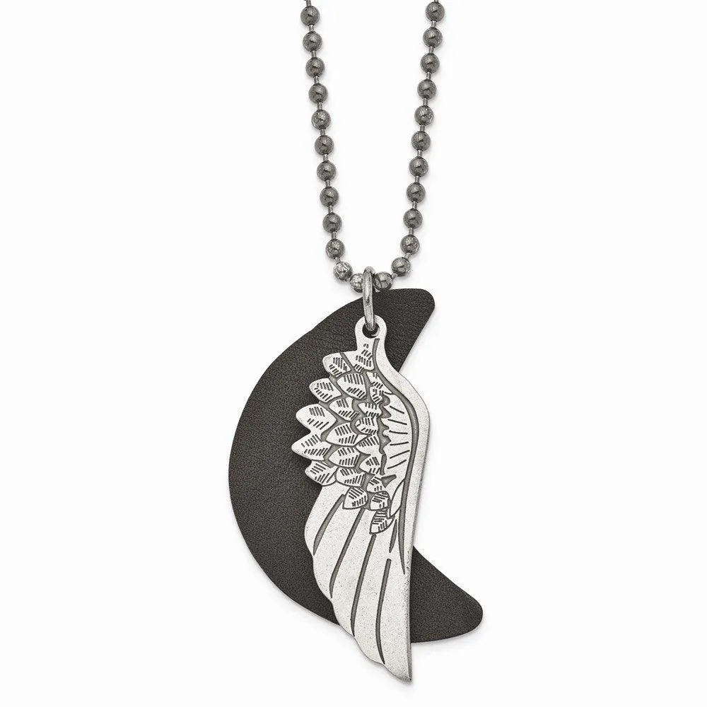 Stainless Steel Brushed Wing with Leather Moon Necklace 