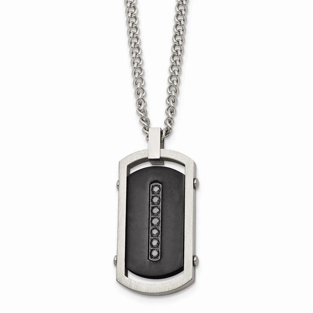 Stainless Steel Brushed/Polished Black IP Center Black CZ Tag Necklace 
