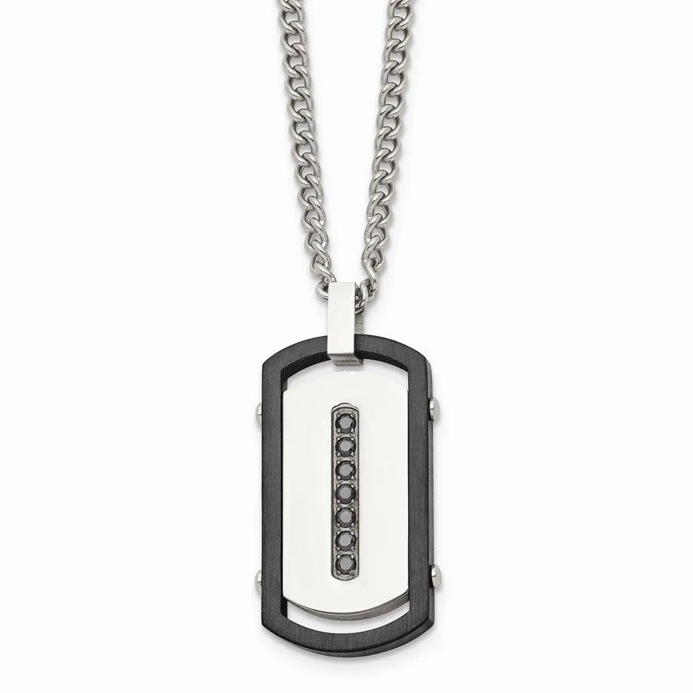Stainless Steel Brushed/Polished Black IP Rim Black CZ Tag Necklace 