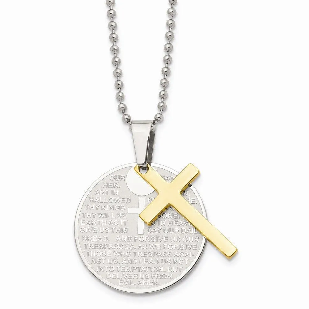 Stainless Steel Brushed/Polished Yellow IP Lords Prayer Cross Necklace 