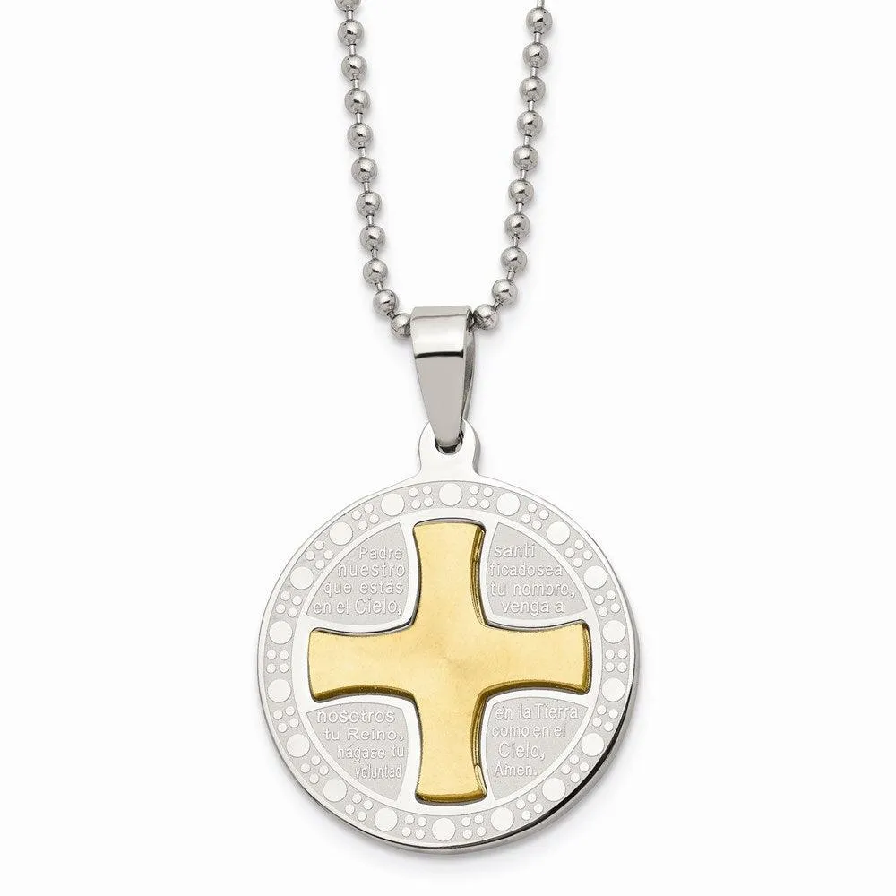 Stainless Steel Brushed/Polished Yellow IP Spanish Lords Prayer Necklace 