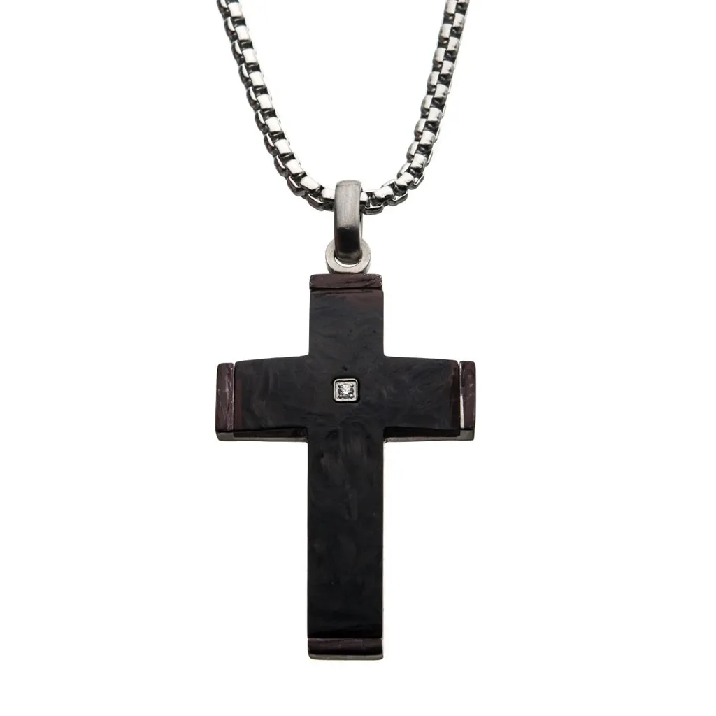 Stainless Steel Carbon Fiber Diamond Accent Cross Pendant Necklace 