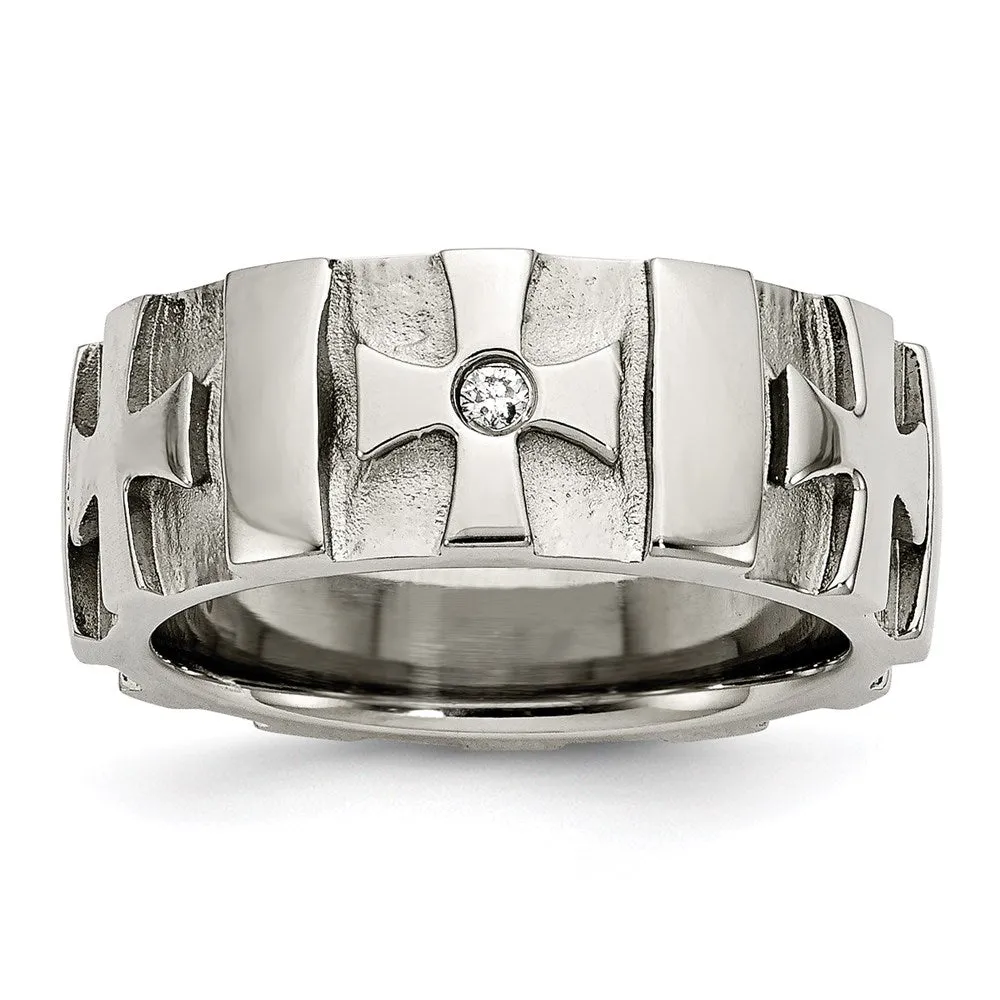 Stainless Steel Crosses w/Diamond 9.00mm Brushed & Polished Band | SR67AA 