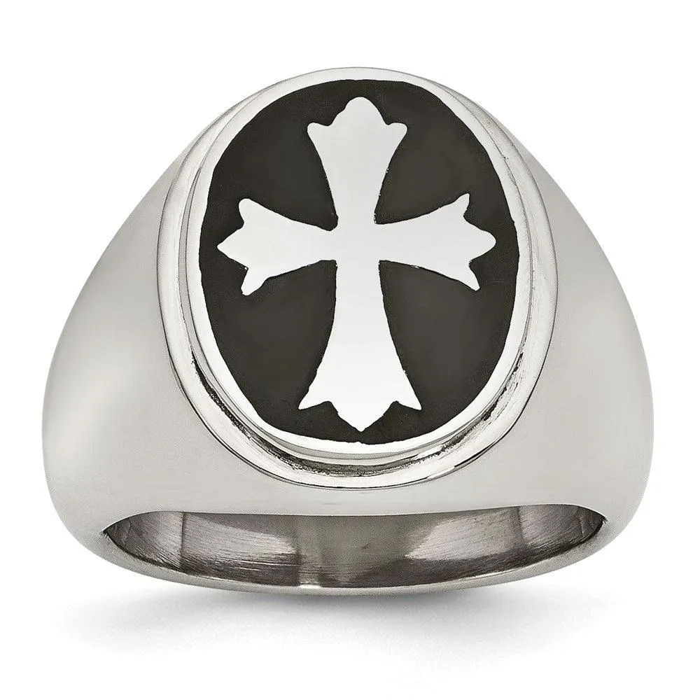 Stainless Steel Enameled Cross Polished Ring 