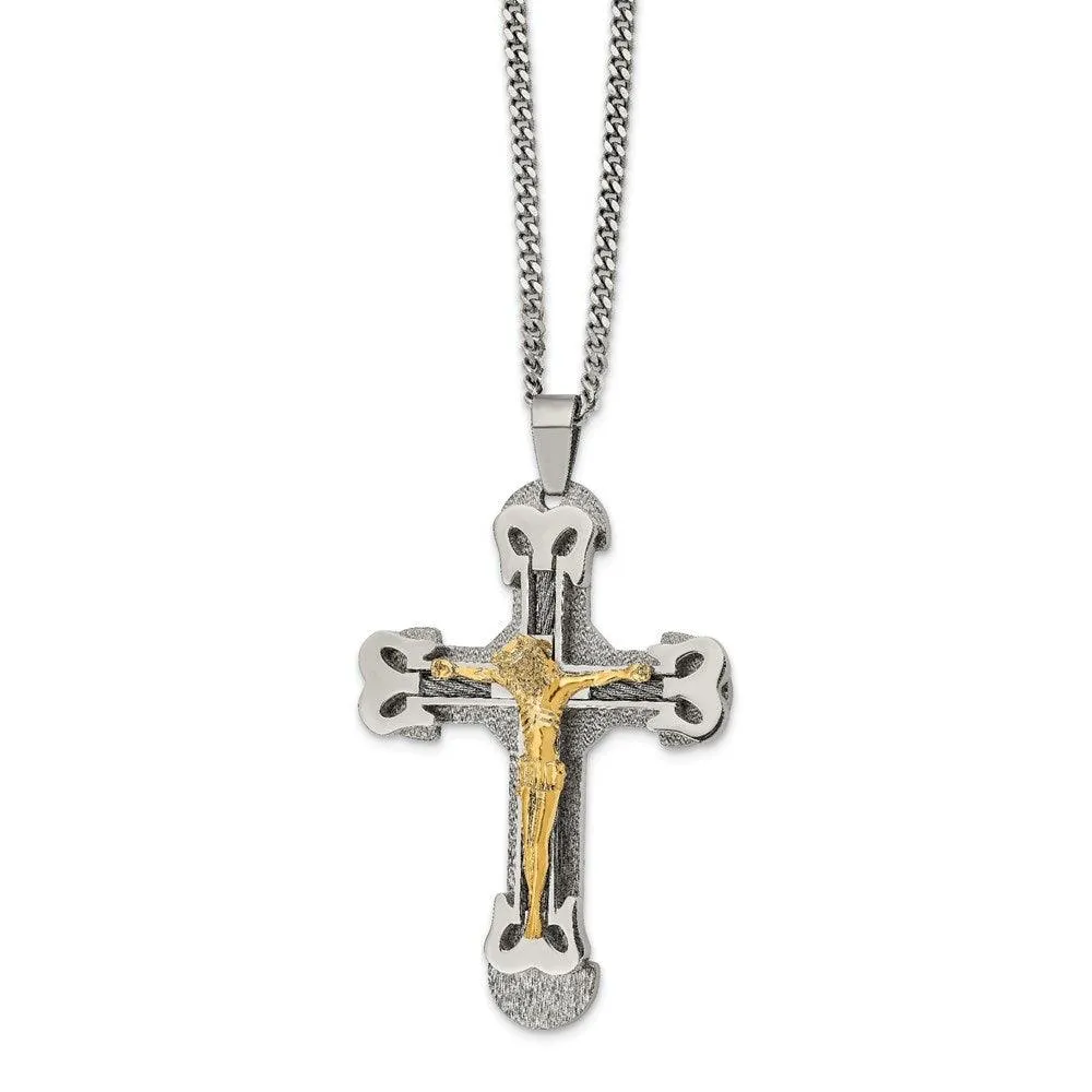 Stainless Steel Gold IP w/ Brushed & Polished Cable Cross Necklace 
