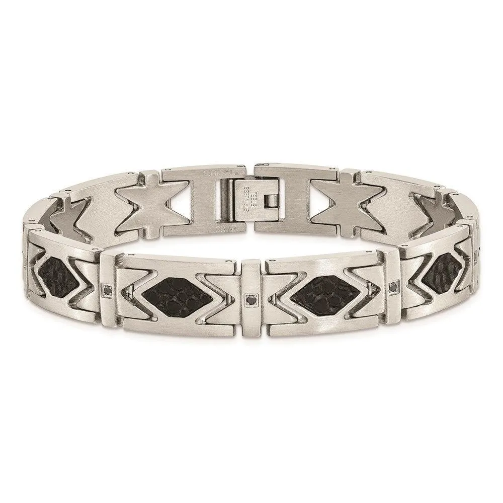 Stainless Steel Leather Black CZ Brushed Bracelet
