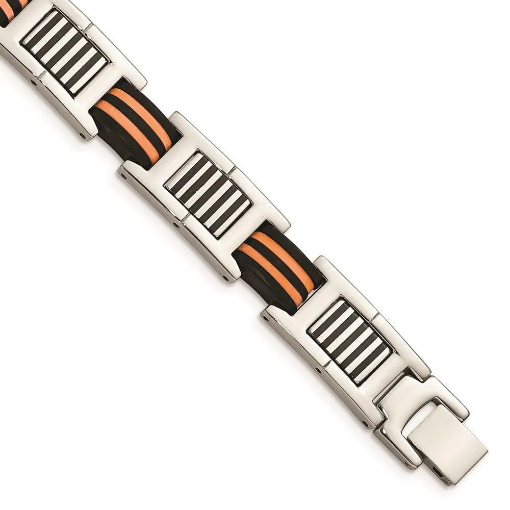 Stainless Steel Orange and Black Rubber Polished Bracelet 