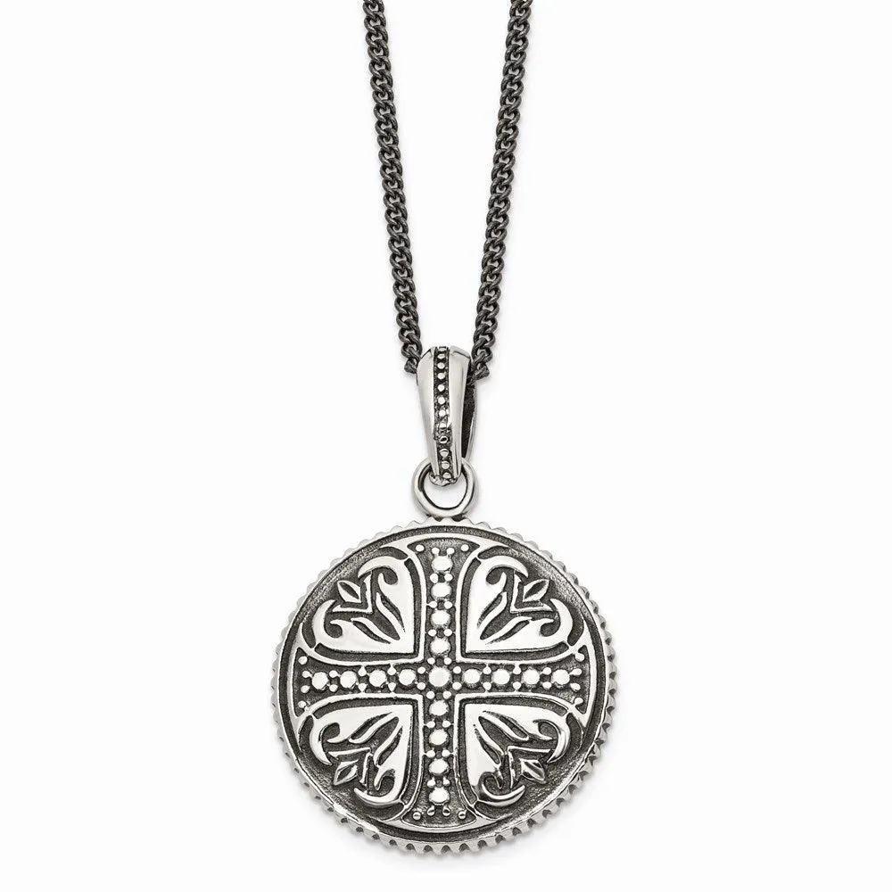 Stainless Steel Polished & Antiqued Cross Circle 22in Necklace 