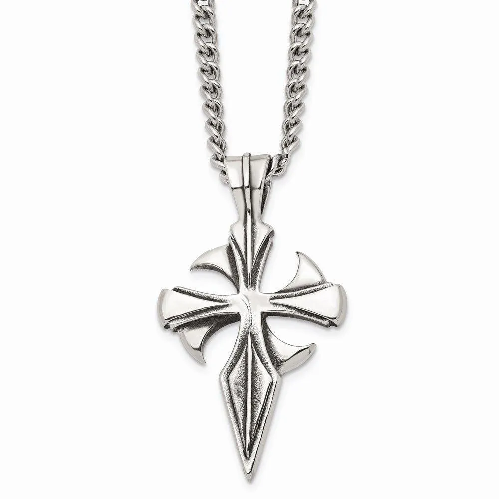 Stainless Steel Polished & Antiqued Dagger Cross 22in Necklace 