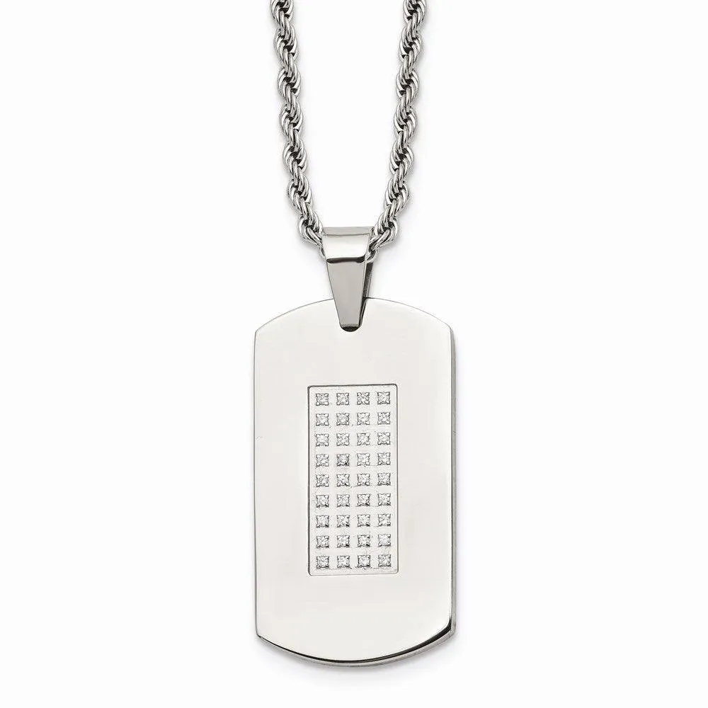 Stainless Steel Polished & CZs Dog Tag Necklace 