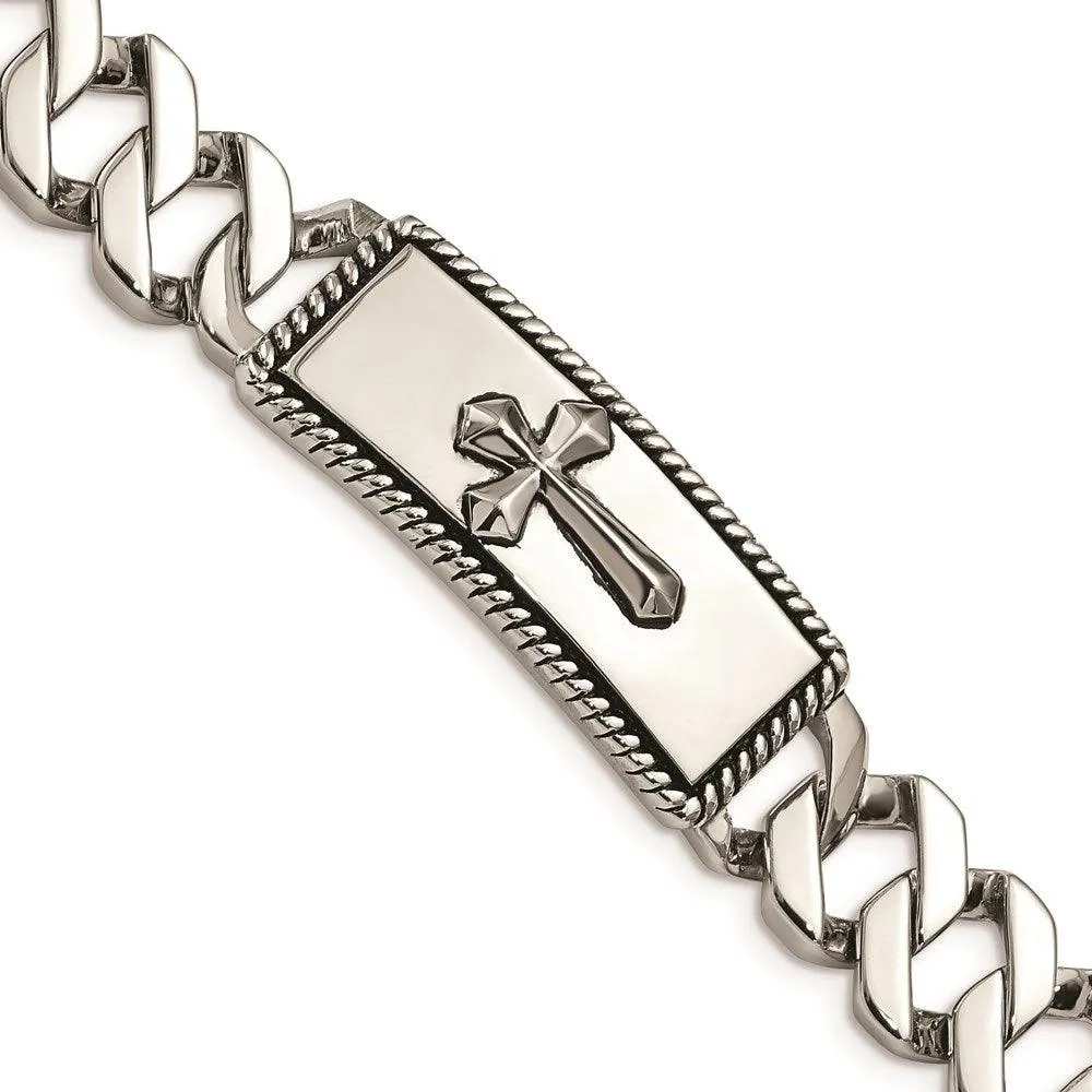 Stainless Steel Polished and Antiqued Cross Bracelet 