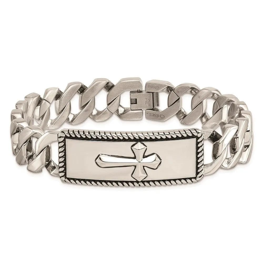 Stainless Steel Polished and Antiqued Cross Bracelet