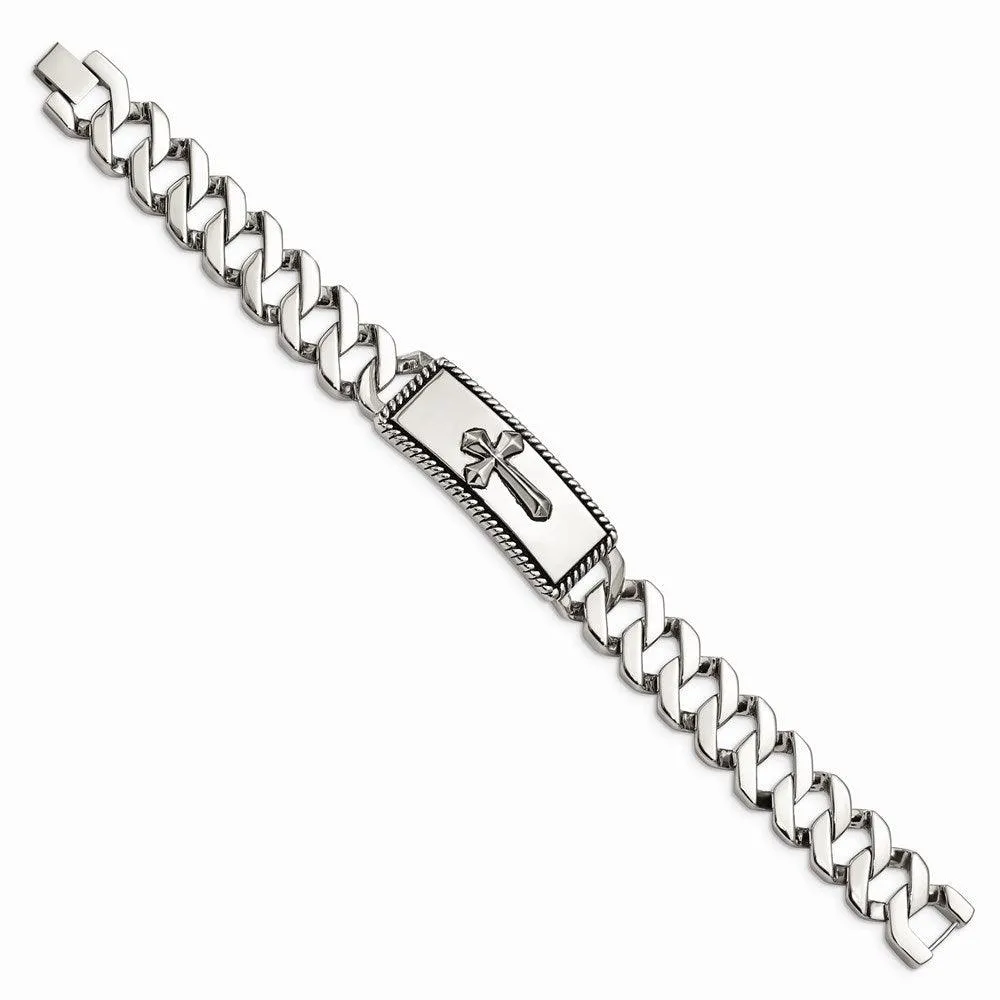 Stainless Steel Polished and Antiqued Cross Bracelet