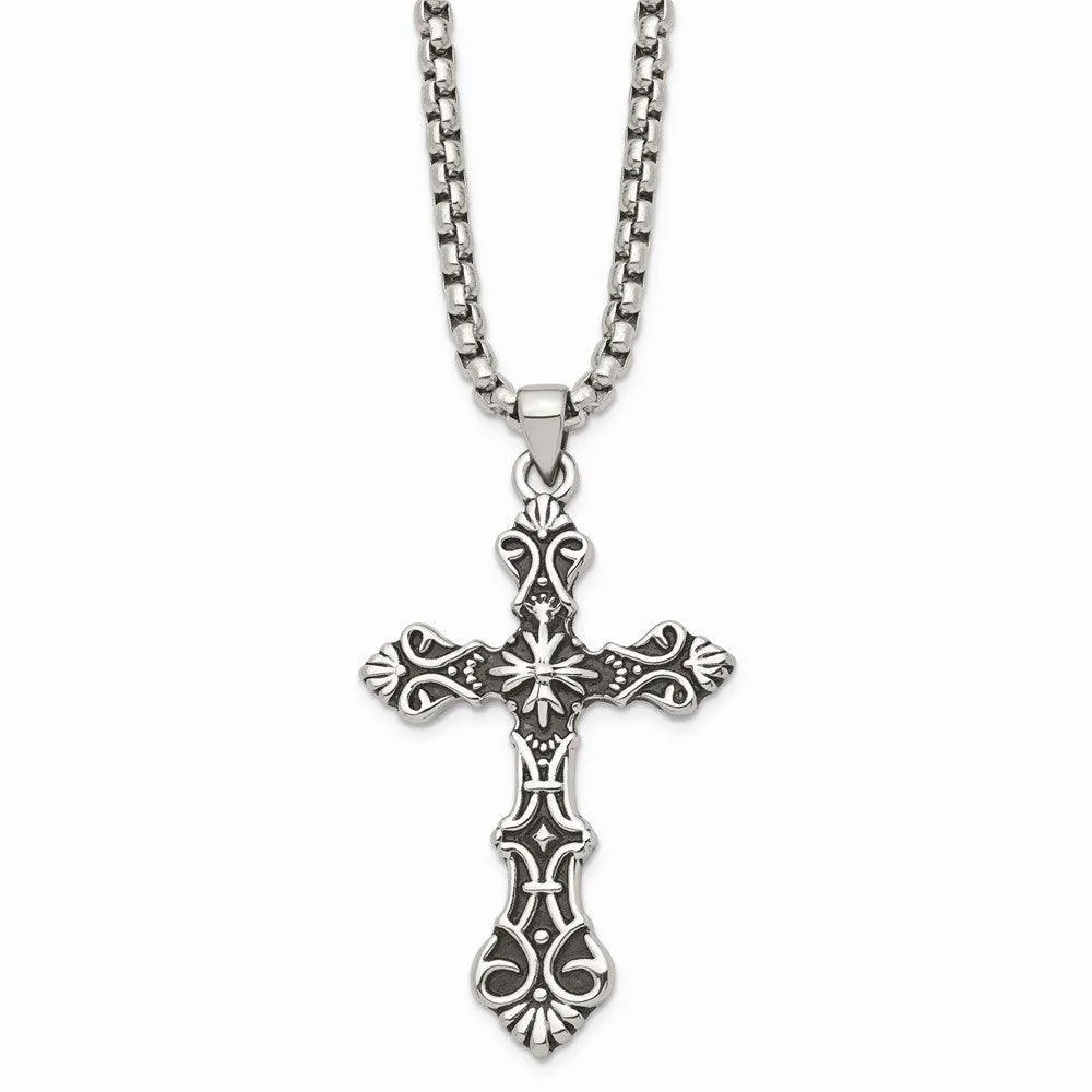 Stainless Steel Polished and Antiqued Cross Necklace 