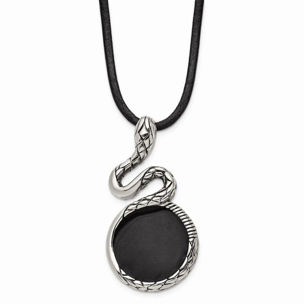 Stainless Steel Polished and Antiqued Enameled Snake Necklace 