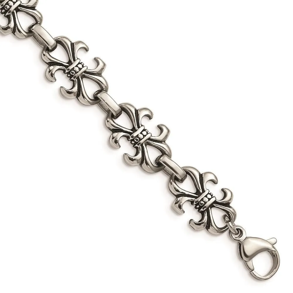 Stainless Steel Polished and Antiqued Fleur de Lis Bracelet 